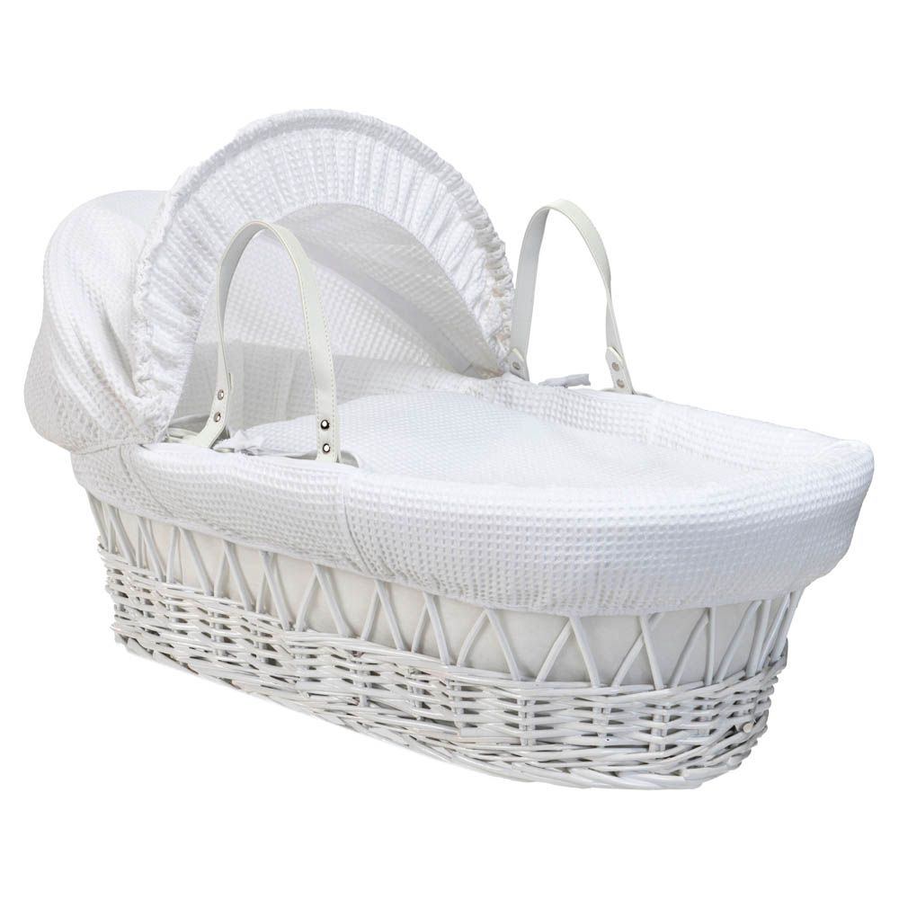 Grey waffle white wicker shop moses basket and rocker